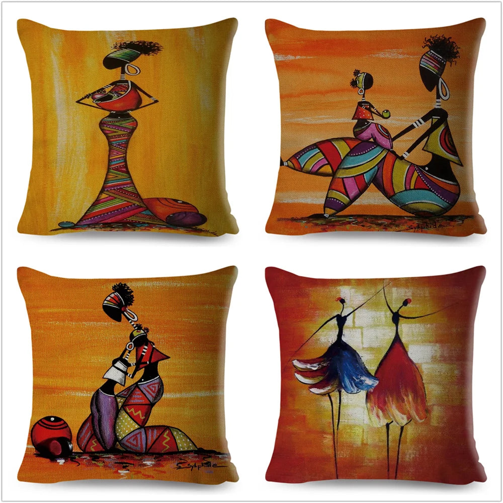 Africa Life Collection Cushion Cover Decor Orange Abstract Painting Pillow Case Gallery for Sofa Home African Lady Pillowcase