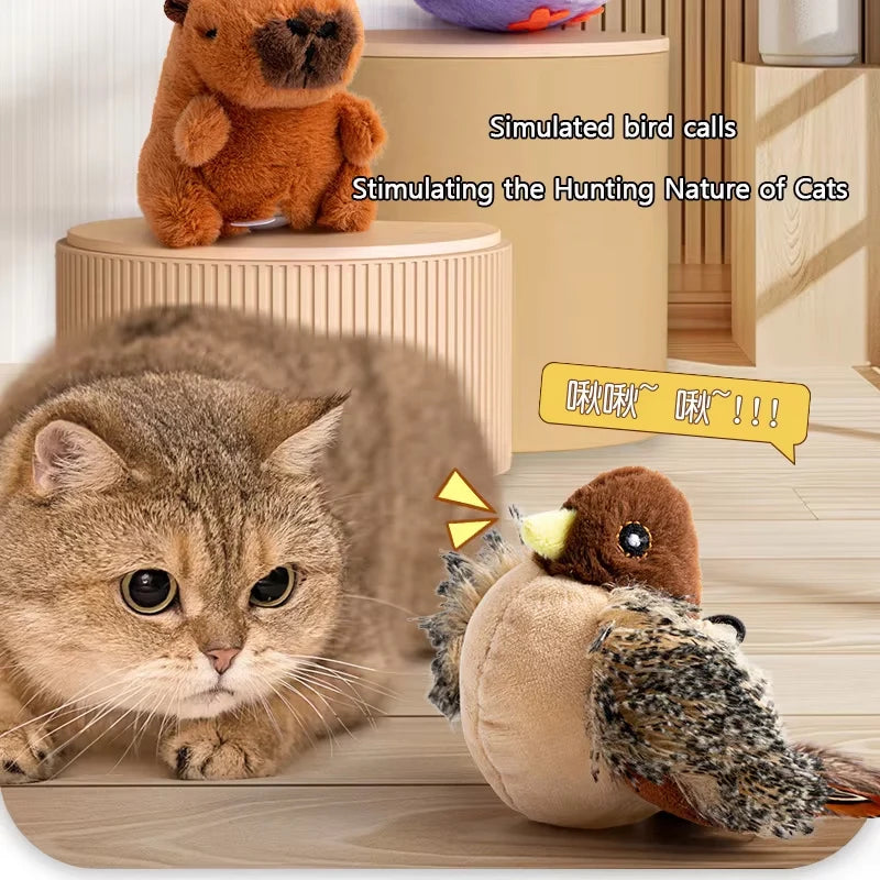 Interactive Cat Toys Flying Bird Cat Toy Flapping Wings Sparrow Catnip Toy Electric Squeaky Simulation Bird Plush Toy for Cats