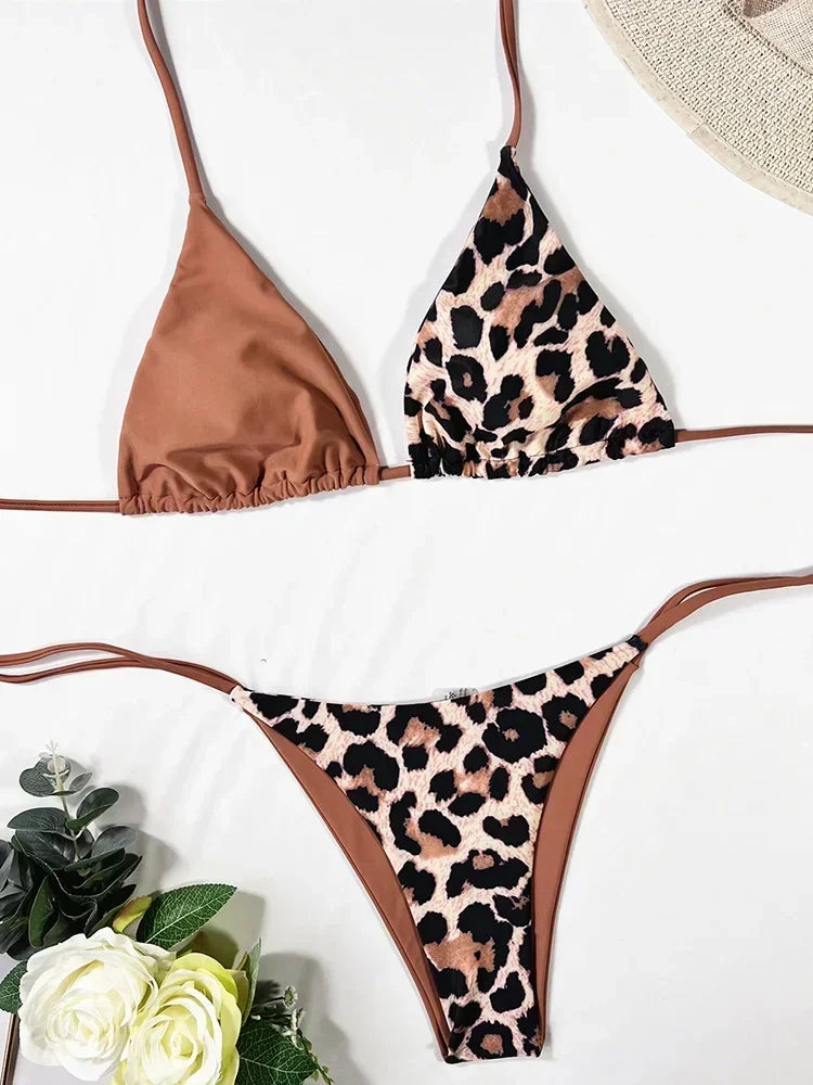 Halter Splicing Leopard Bikinis 2025 Satin Bikini Female Swimsuit Women Swimwear Two-pieces Bikini Set Micro Bathing Suit Swim