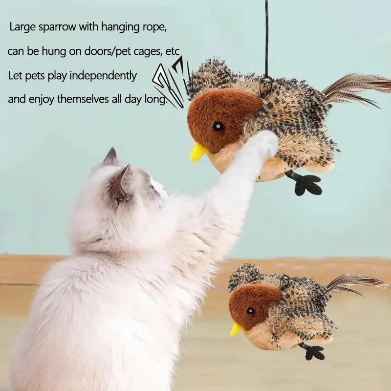 Interactive Cat Toys Flying Bird Cat Toy Flapping Wings Sparrow Catnip Toy Electric Squeaky Simulation Bird Plush Toy for Cats