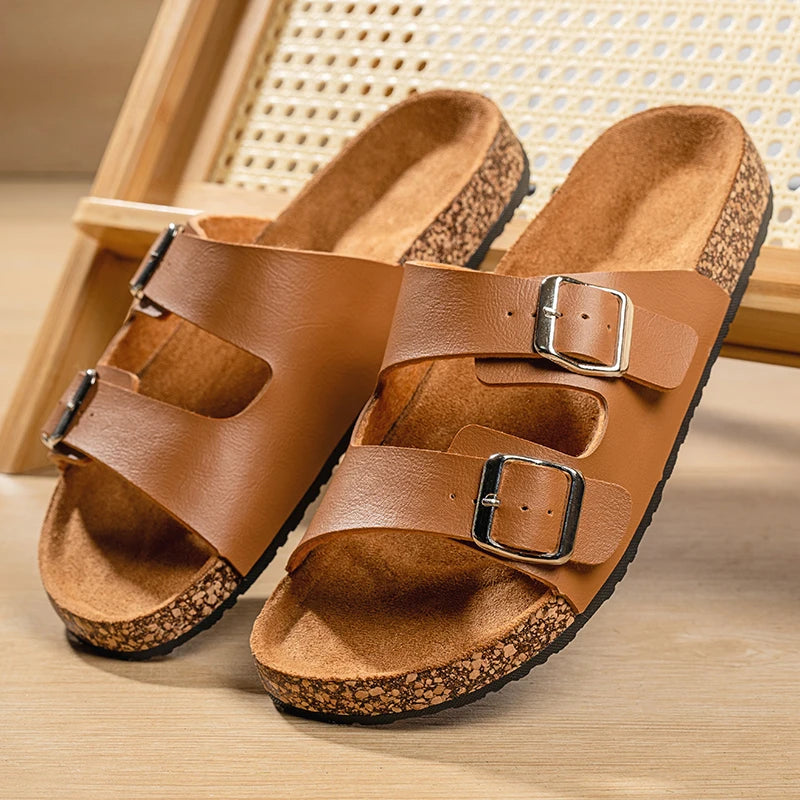 Unisex One-line Slippers, Couple Cork Retro Half-slippers, unisex Thick-soled Outdoor Double-button Flip-flops