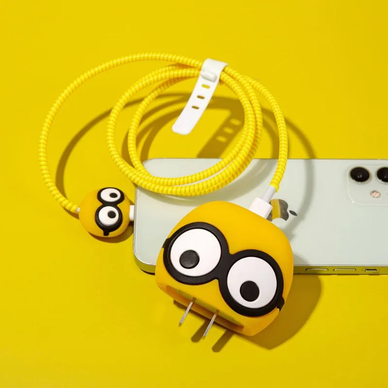 Minions Cable Protective Cartoon Phone Charging Head Cute Case Funny DIY for IPhone 18W 20W Accessories USB Bite Protector Cover