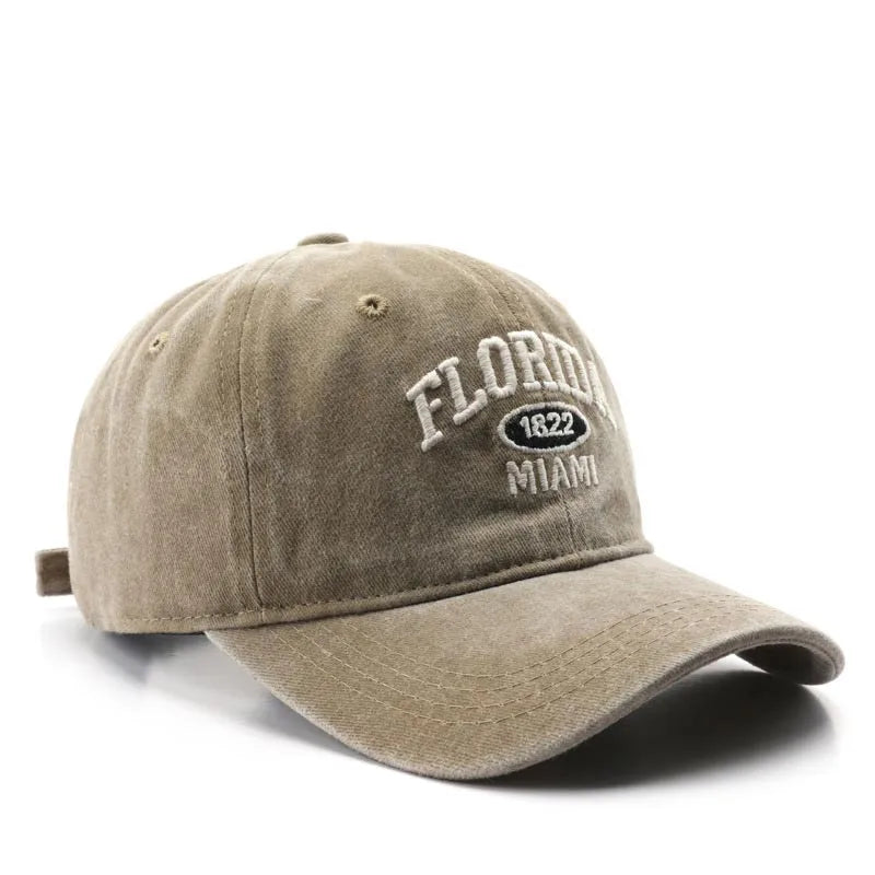 Vintage Washed Cowboy Baseball Cap for Men Women FLORIDA Embroidery Sun Cap Casual Snapback Hip Hop Hat Curved Brim Soft Top Hat