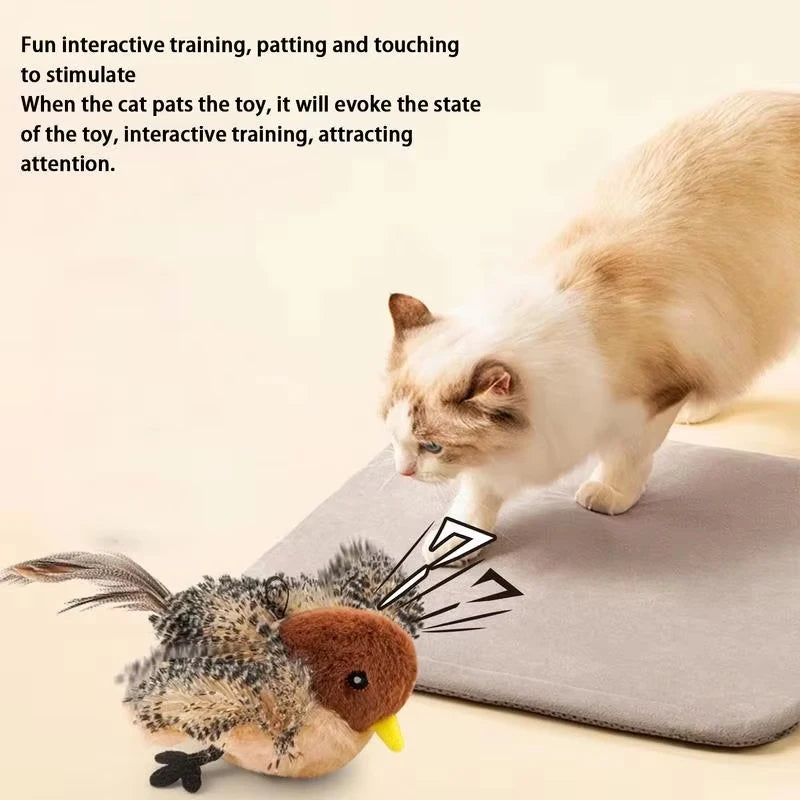 Interactive Cat Toys Flying Bird Cat Toy Flapping Wings Sparrow Catnip Toy Electric Squeaky Simulation Bird Plush Toy for Cats