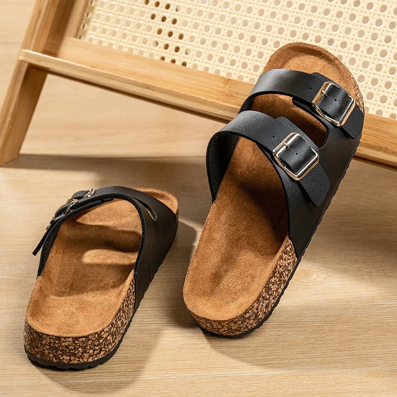 Unisex One-line Slippers, Couple Cork Retro Half-slippers, unisex Thick-soled Outdoor Double-button Flip-flops