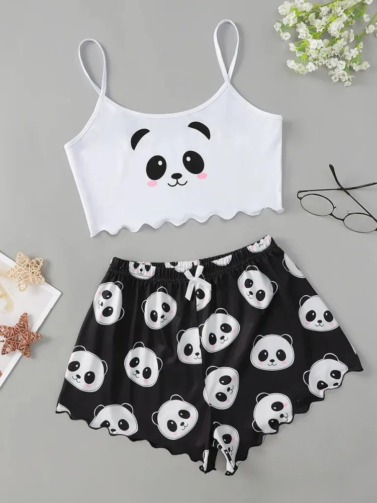 Women's 2pcs Cute Soft Comfy Cartoon Panda Print Sexy Sleepwear Sleeveless Shorts Homewear Pajama Set Loungewear