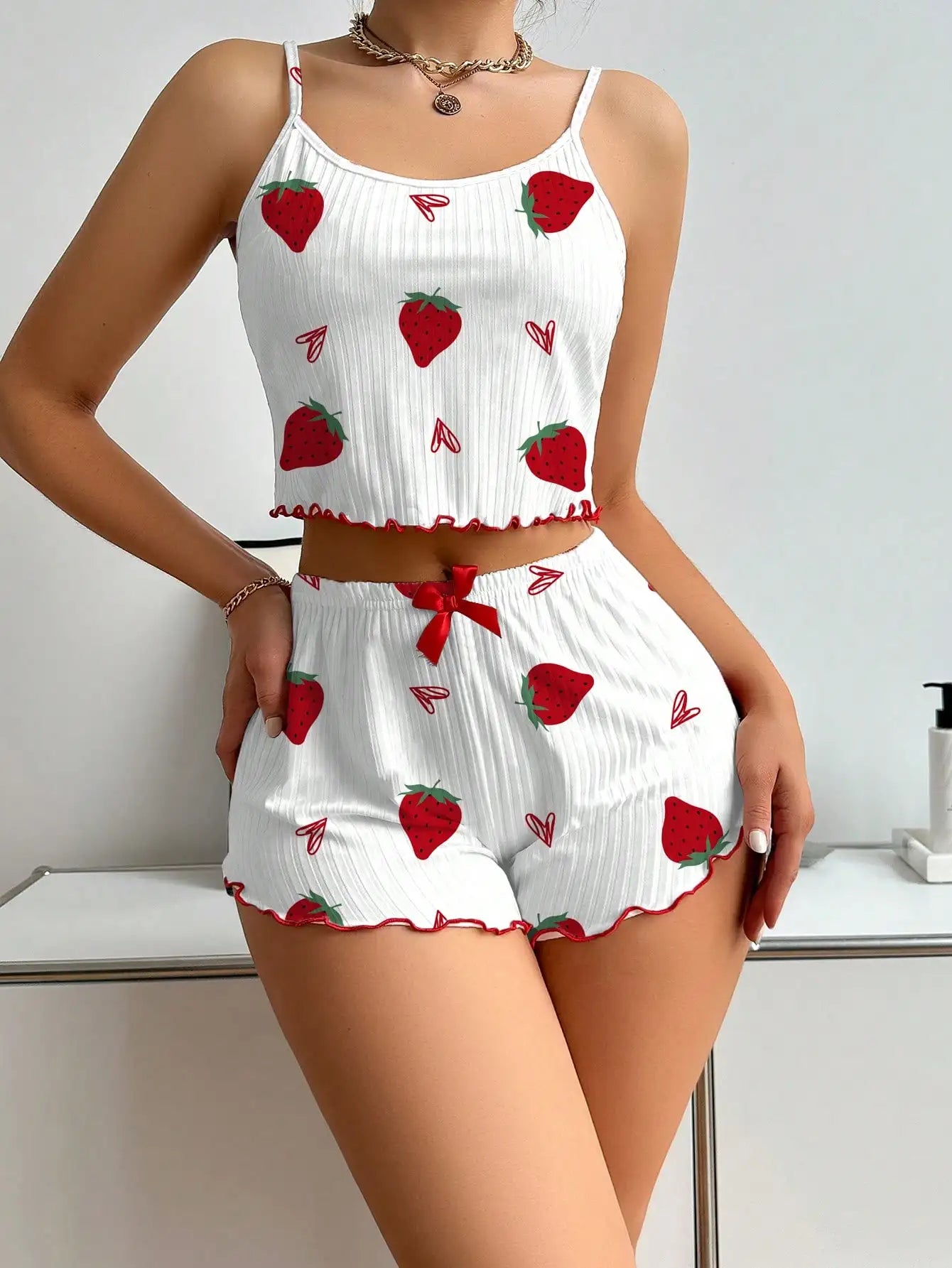 Women's Strawberry Print Ribbed Knit Ice Silk Camisole Pajama Set Comfortable Two-Piece Sleepwear for Summer
