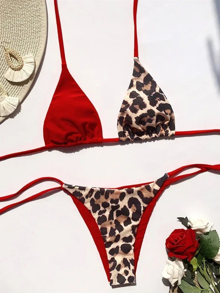 Halter Splicing Leopard Bikinis 2025 Satin Bikini Female Swimsuit Women Swimwear Two-pieces Bikini Set Micro Bathing Suit Swim