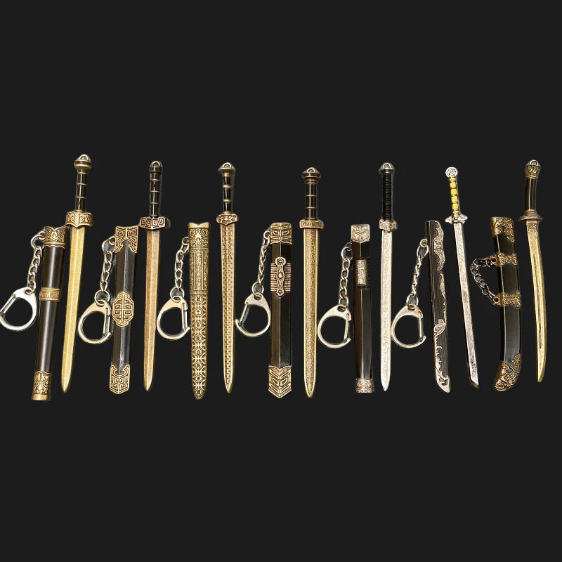 Many models of metal scabbard of famous ancient swords, keychain pendant of small unopened blade weapons