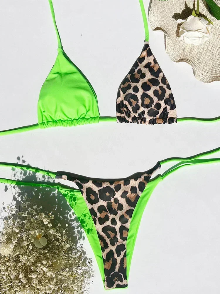 Halter Splicing Leopard Bikinis 2025 Satin Bikini Female Swimsuit Women Swimwear Two-pieces Bikini Set Micro Bathing Suit Swim