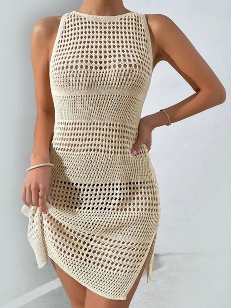 Hollow Out Side Slit Bikini Crochet Retro Cover Up 2025 Women Solid Beach Skirt Swim Dress Bathing Suit