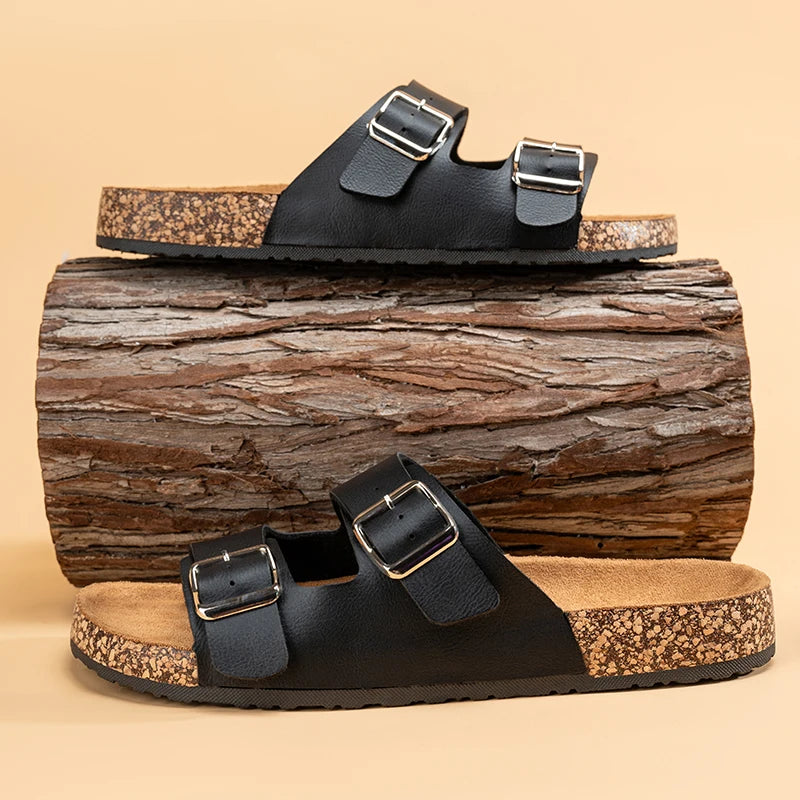 Unisex One-line Slippers, Couple Cork Retro Half-slippers, unisex Thick-soled Outdoor Double-button Flip-flops