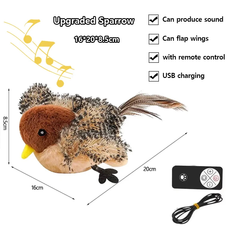 Interactive Cat Toys Flying Bird Cat Toy Flapping Wings Sparrow Catnip Toy Electric Squeaky Simulation Bird Plush Toy for Cats