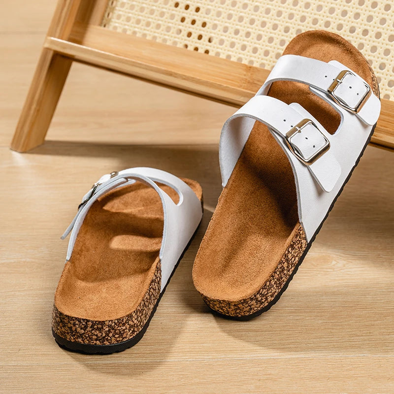 Unisex One-line Slippers, Couple Cork Retro Half-slippers, unisex Thick-soled Outdoor Double-button Flip-flops