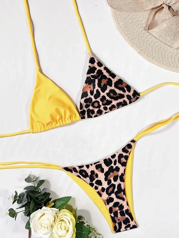 Halter Splicing Leopard Bikinis 2025 Satin Bikini Female Swimsuit Women Swimwear Two-pieces Bikini Set Micro Bathing Suit Swim