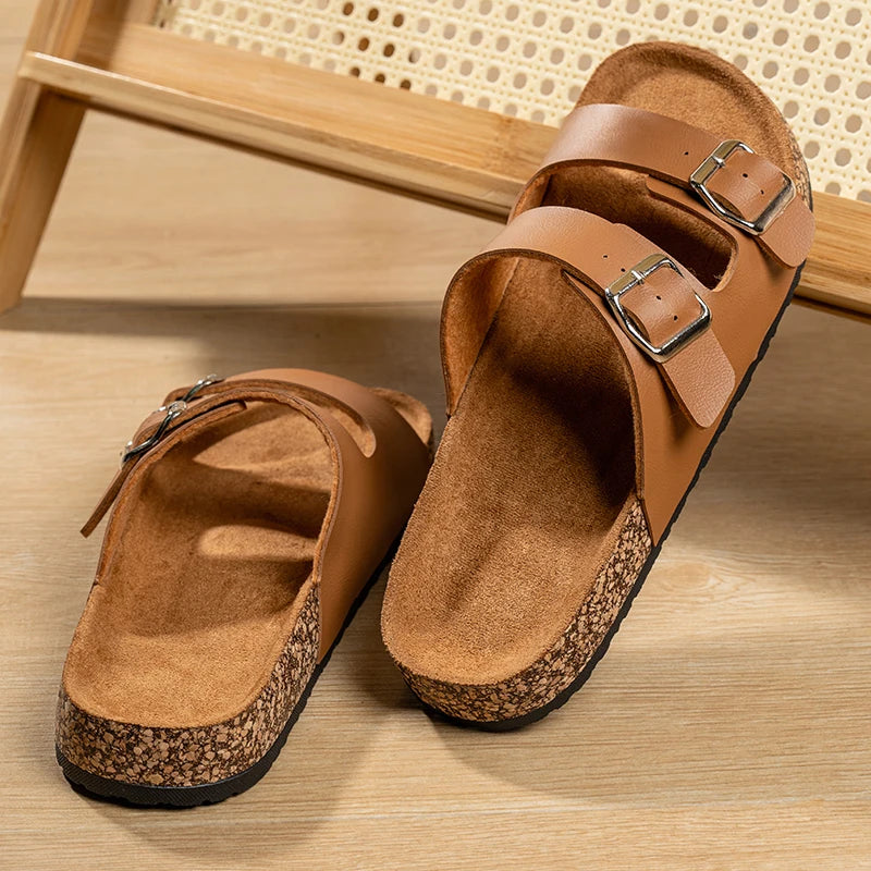 Unisex One-line Slippers, Couple Cork Retro Half-slippers, unisex Thick-soled Outdoor Double-button Flip-flops