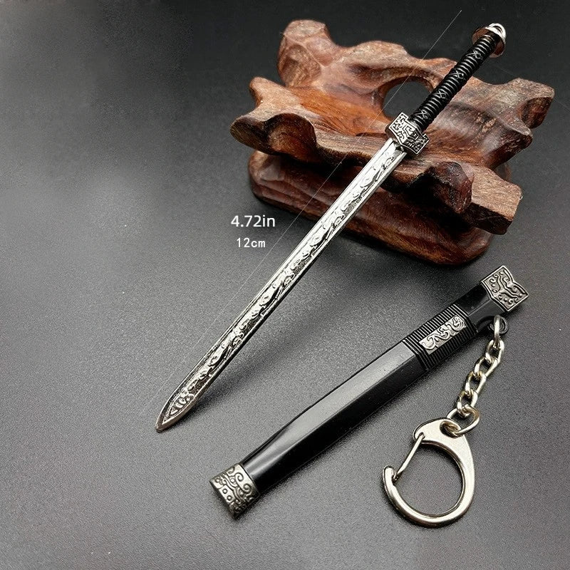 Many models of metal scabbard of famous ancient swords, keychain pendant of small unopened blade weapons