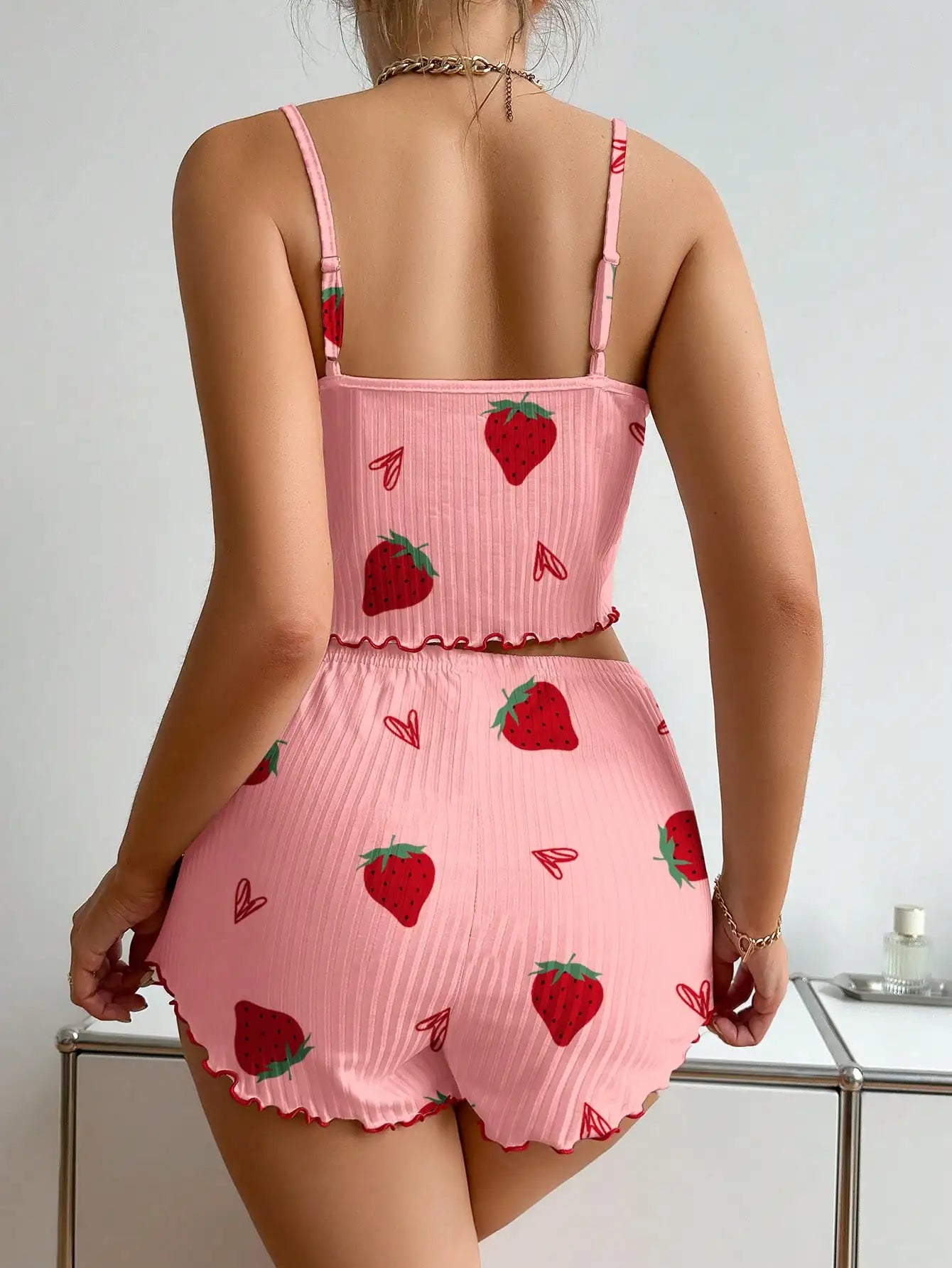 Women's Strawberry Print Ribbed Knit Ice Silk Camisole Pajama Set Comfortable Two-Piece Sleepwear for Summer