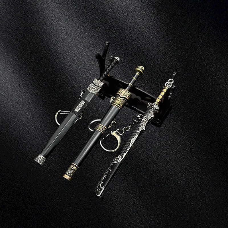 Many models of metal scabbard of famous ancient swords, keychain pendant of small unopened blade weapons