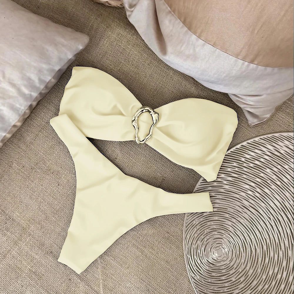 Bandeau Bikini Push Up Swimwear Women Swimsuits 2025 Sexy Brazilian Bikini Set Thong Micro Biquini Female Solid Beachwear