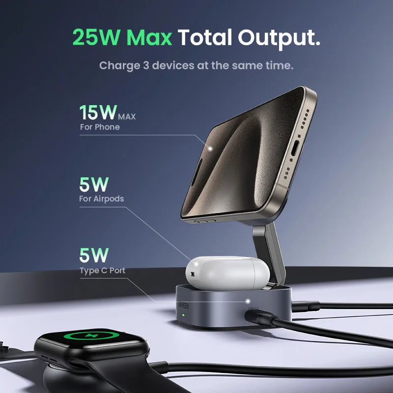 UGREEN 25W Magnetic Wireless Charger Stand 2-in-1 Charging Stand For iPhone 16 15 Pro Max/AirPods For Magsafe Fast Charger
