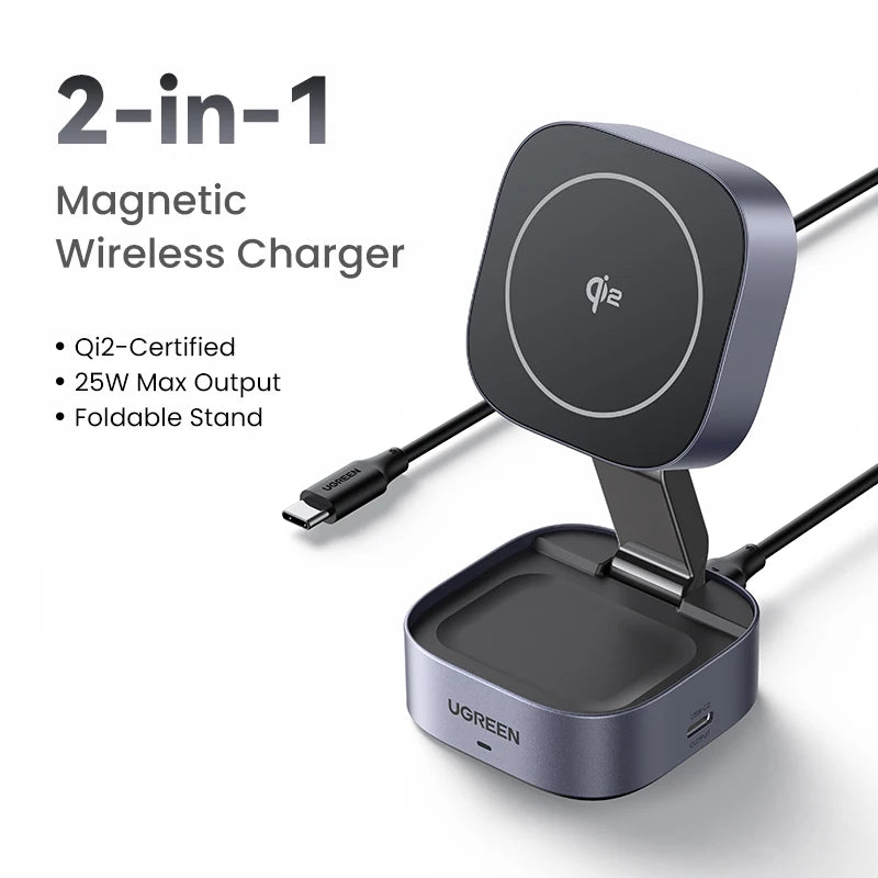 UGREEN 25W Magnetic Wireless Charger Stand 2-in-1 Charging Stand For iPhone 16 15 Pro Max/AirPods For Magsafe Fast Charger