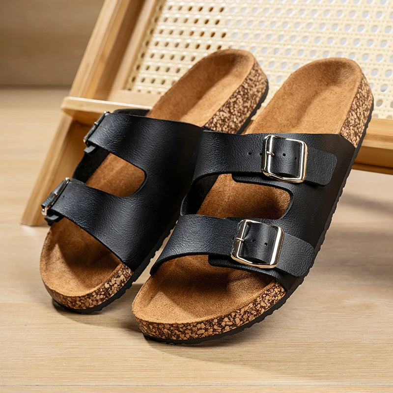 Unisex One-line Slippers, Couple Cork Retro Half-slippers, unisex Thick-soled Outdoor Double-button Flip-flops