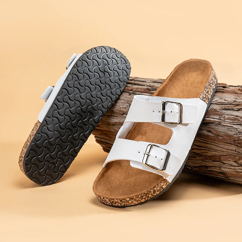 Unisex One-line Slippers, Couple Cork Retro Half-slippers, unisex Thick-soled Outdoor Double-button Flip-flops