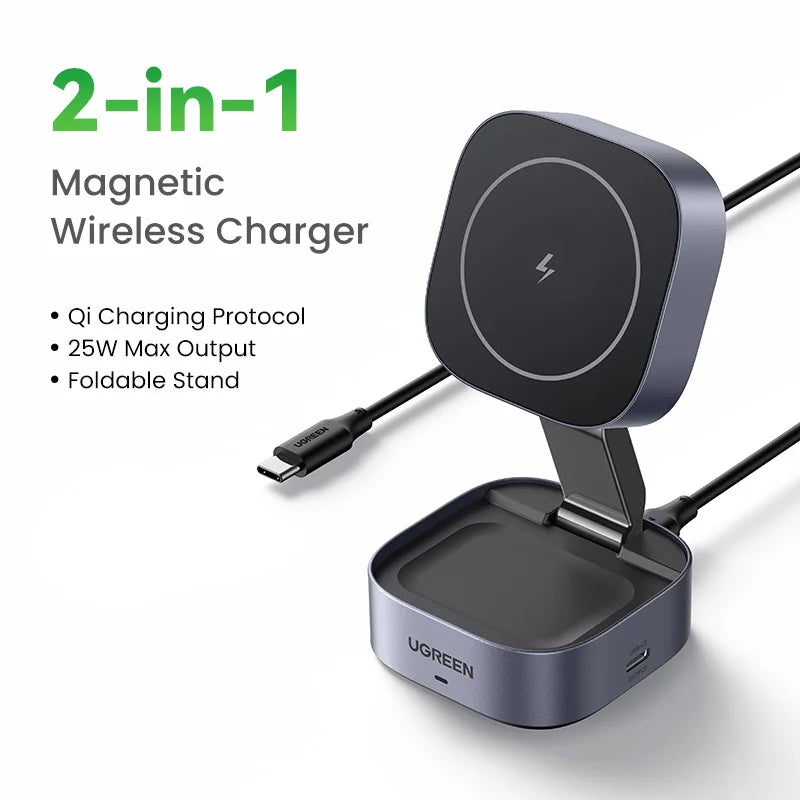 UGREEN 25W Magnetic Wireless Charger Stand 2-in-1 Charging Stand For iPhone 16 15 Pro Max/AirPods For Magsafe Fast Charger
