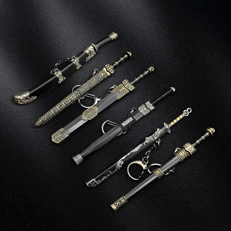 Many models of metal scabbard of famous ancient swords, keychain pendant of small unopened blade weapons
