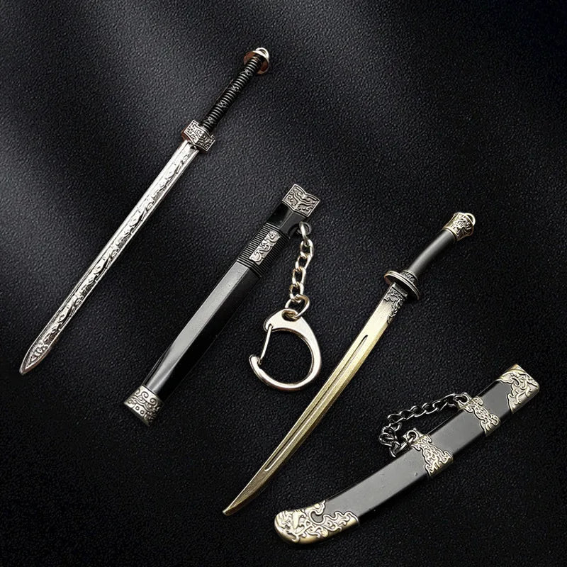 Many models of metal scabbard of famous ancient swords, keychain pendant of small unopened blade weapons