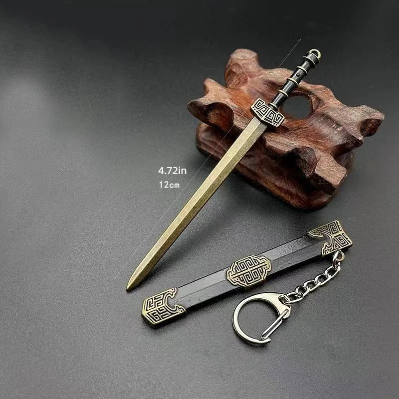 Many models of metal scabbard of famous ancient swords, keychain pendant of small unopened blade weapons