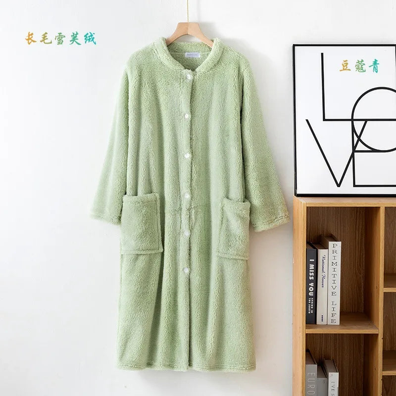 Autumn Winter Thick Bathrobe Women Comfortable Coral Fleece Button Sleepwear Robe Female Dressing Gowns Loose Flannel Robes