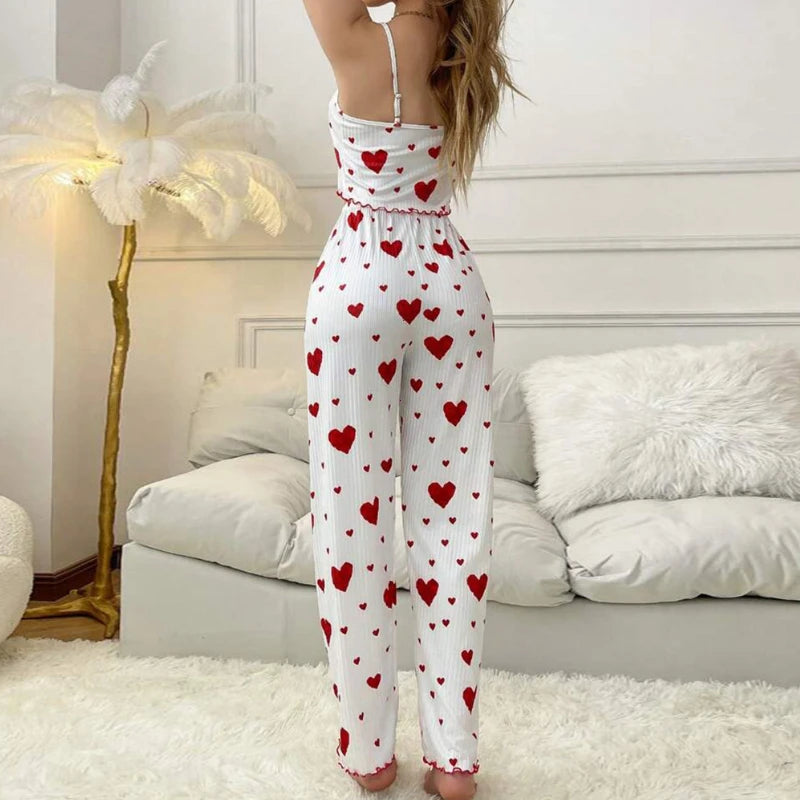 Women Pajamas Plus Size Pajamas Set 2 Piece Short Vest Trouser White Breathable Soft Casual Love Print Body Suit Pijama Mujer