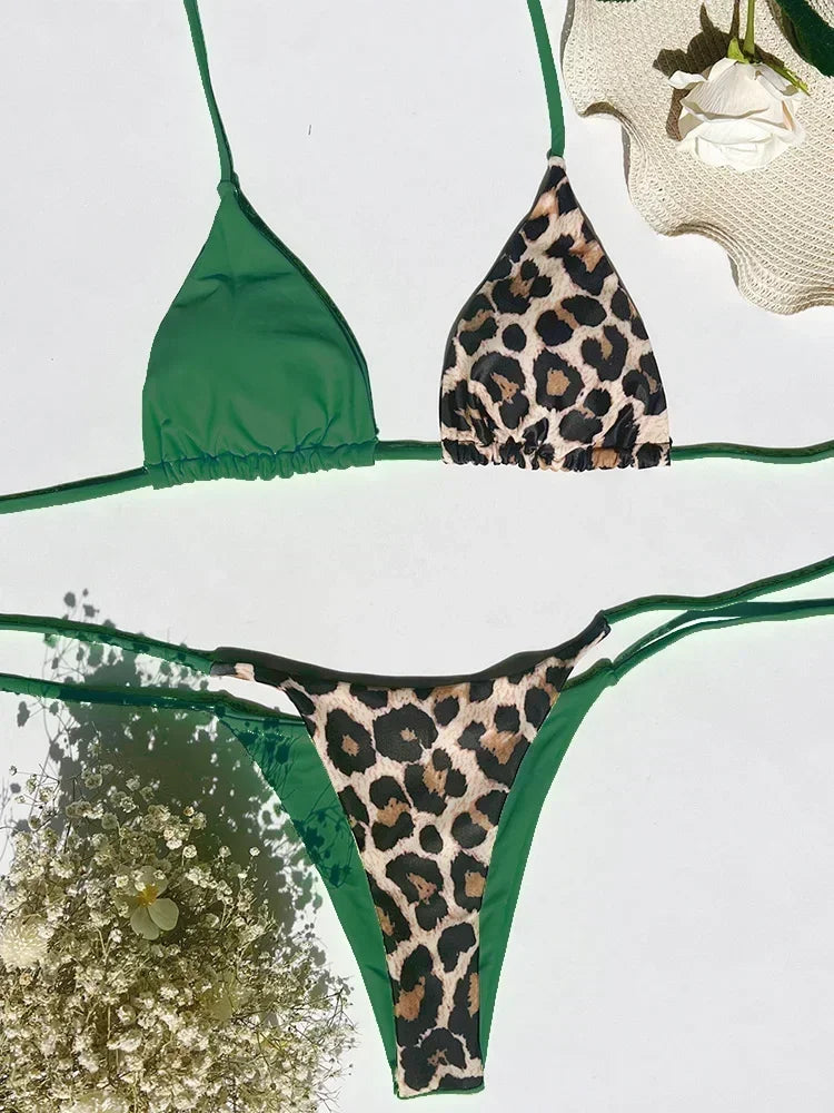 Halter Splicing Leopard Bikinis 2025 Satin Bikini Female Swimsuit Women Swimwear Two-pieces Bikini Set Micro Bathing Suit Swim