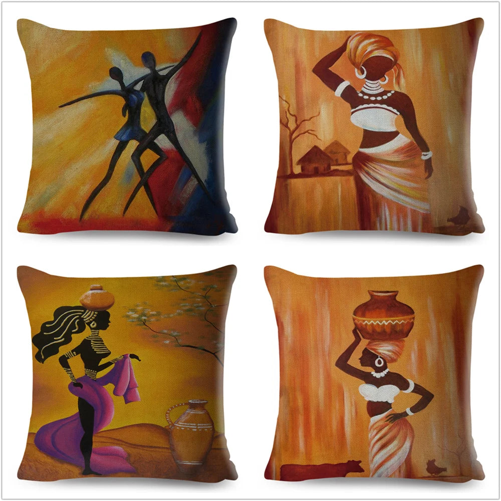 Africa Life Collection Cushion Cover Decor Orange Abstract Painting  Pillow Case Gallery for Sofa Home African Lady Pillowcase