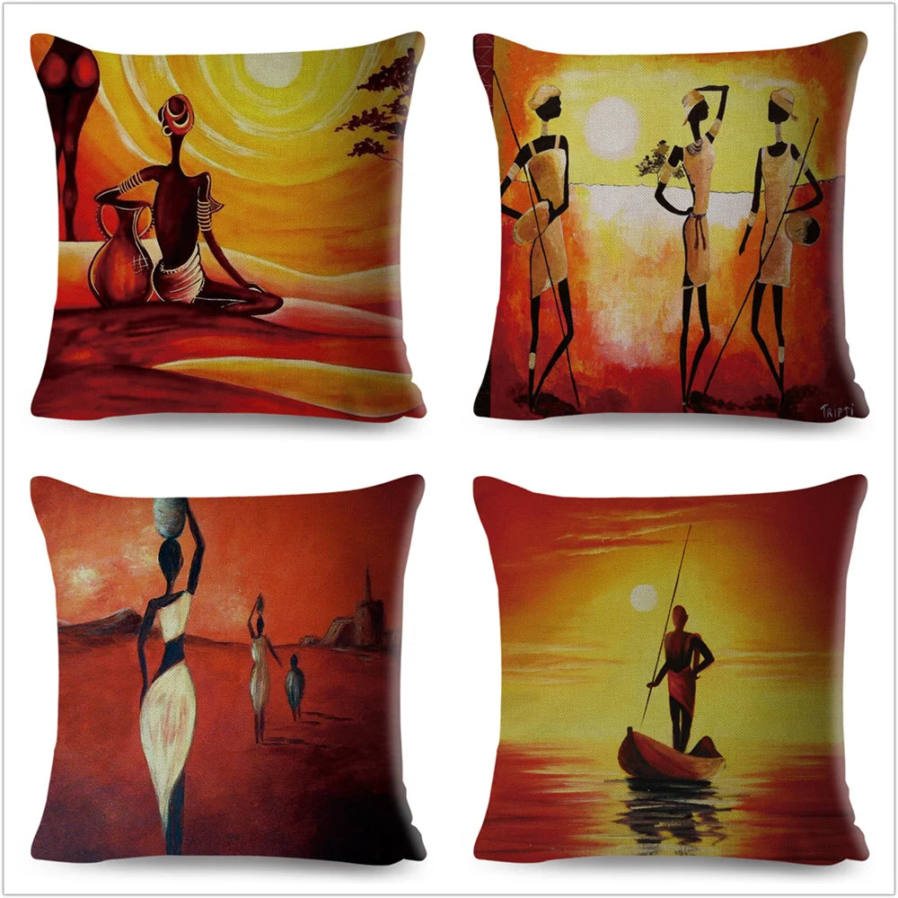 Africa Life Collection Cushion Cover Decor Orange Abstract Painting  Pillow Case Gallery for Sofa Home African Lady Pillowcase