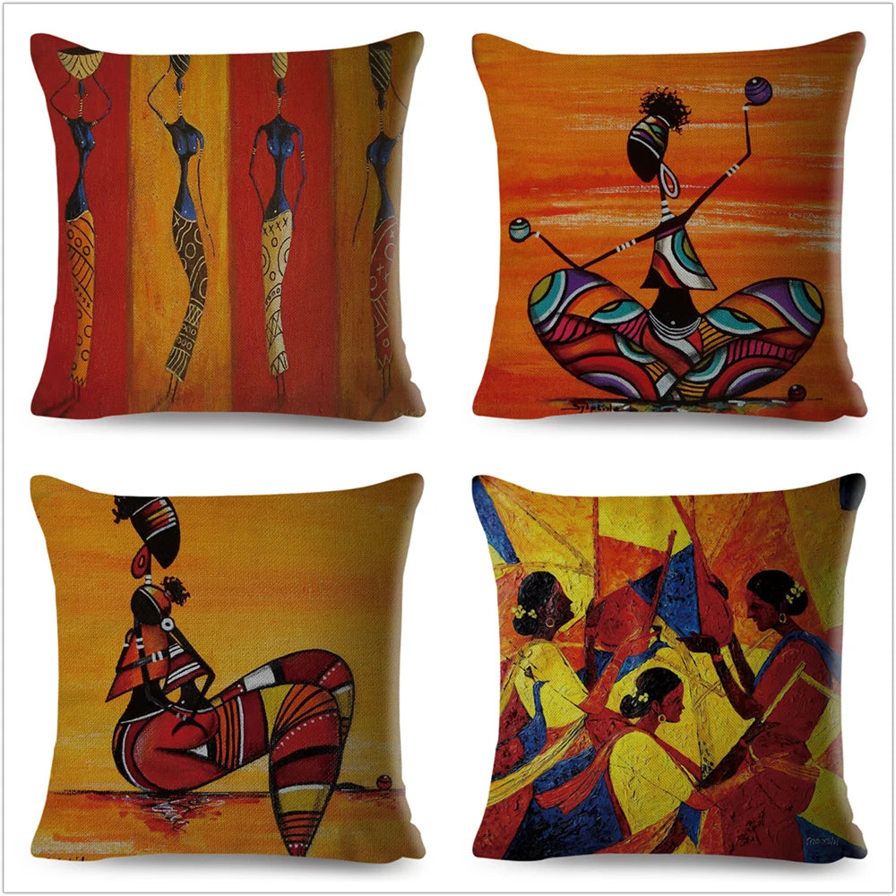 Africa Life Collection Cushion Cover Decor Orange Abstract Painting  Pillow Case Gallery for Sofa Home African Lady Pillowcase