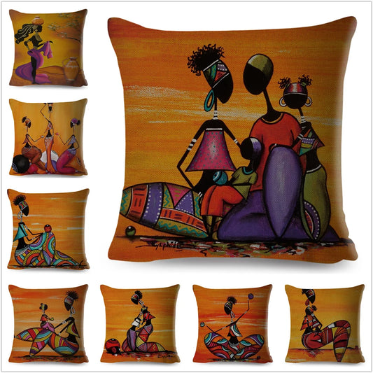Africa Life Collection Cushion Cover Decor Orange Abstract Painting  Pillow Case Gallery for Sofa Home African Lady Pillowcase