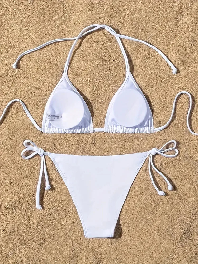 1Pc Women Swimsuit Ribbed Backless Pads Bikini Set Halter Triangle Bra Side Tie Thong Swimwear Beachwear Lady Bathing Suit