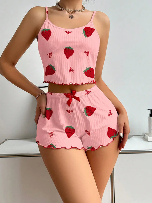 Women's Strawberry Print Ribbed Knit Ice Silk Camisole Pajama Set Comfortable Two-Piece Sleepwear for Summer