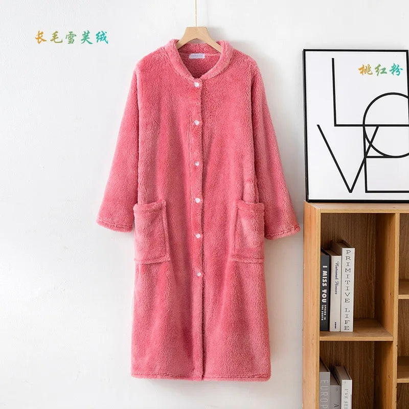 Autumn Winter Thick Bathrobe Women Comfortable Coral Fleece Button Sleepwear Robe Female Dressing Gowns Loose Flannel Robes