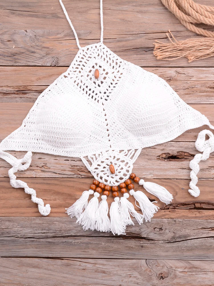 Bikini 2025 knitting Swimsuit Crochet Bikini Bohemia Style Off Shoulder High Neck Bathing Beach Bikinis Handmade Crochet Bikini