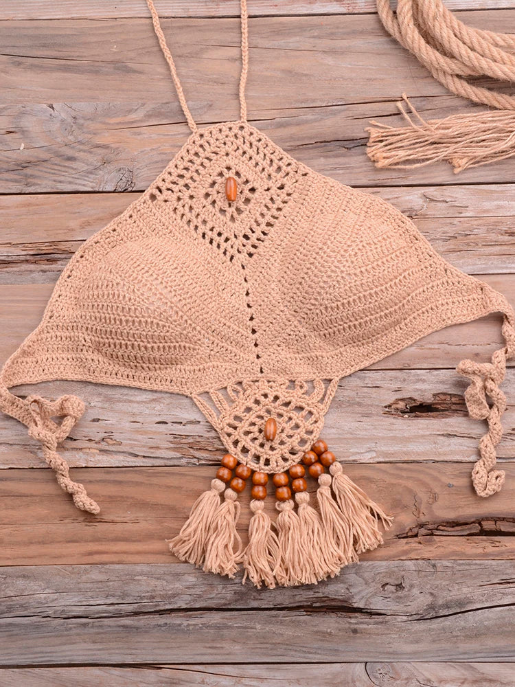 Bikini 2025 knitting Swimsuit Crochet Bikini Bohemia Style Off Shoulder High Neck Bathing Beach Bikinis Handmade Crochet Bikini