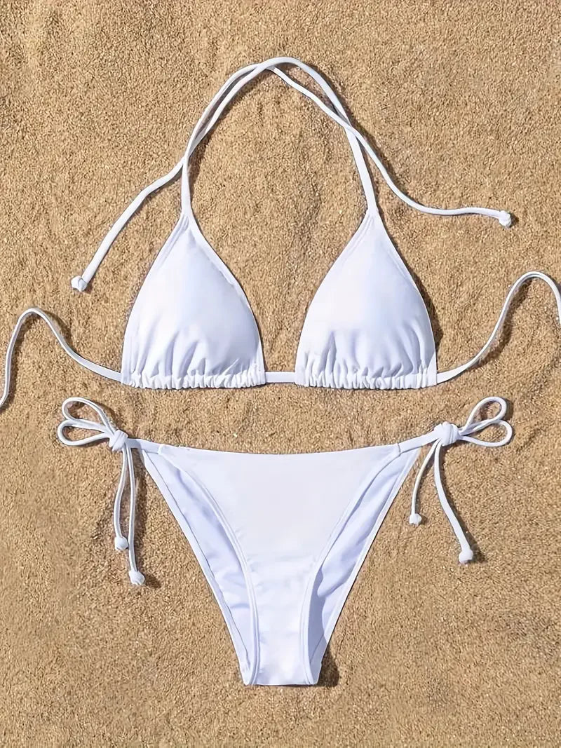 1Pc Women Swimsuit Ribbed Backless Pads Bikini Set Halter Triangle Bra Side Tie Thong Swimwear Beachwear Lady Bathing Suit