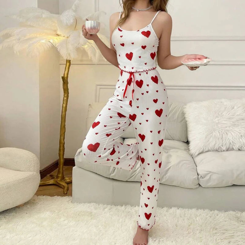 Women Pajamas Plus Size Pajamas Set 2 Piece Short Vest Trouser White Breathable Soft Casual Love Print Body Suit Pijama Mujer