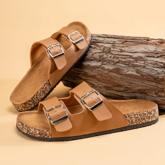 Unisex One-line Slippers, Couple Cork Retro Half-slippers, unisex Thick-soled Outdoor Double-button Flip-flops