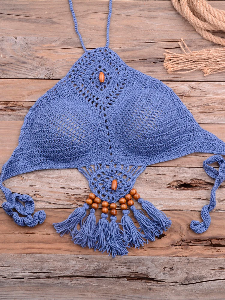 Bikini 2025 knitting Swimsuit Crochet Bikini Bohemia Style Off Shoulder High Neck Bathing Beach Bikinis Handmade Crochet Bikini