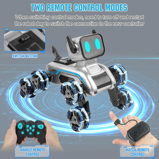 Smart Interactive Robotic Dog with Dual Controllers, All-Terrain Mobility, LED Lights & Music – Rechargeable Gift for Kids