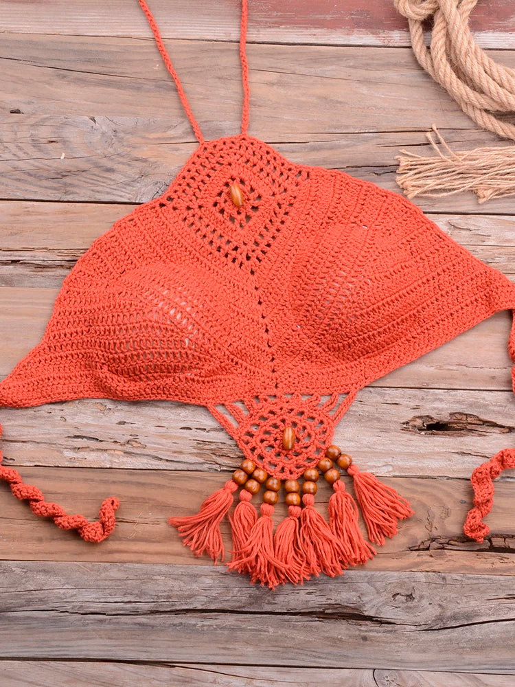 Bikini 2025 knitting Swimsuit Crochet Bikini Bohemia Style Off Shoulder High Neck Bathing Beach Bikinis Handmade Crochet Bikini